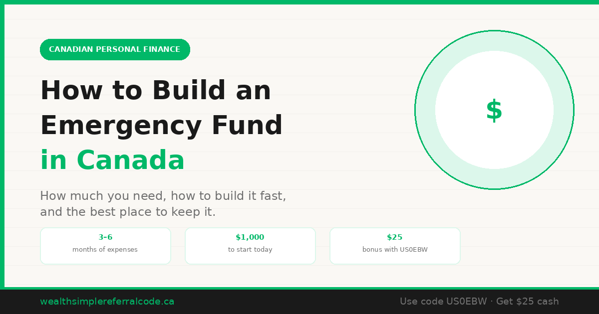 How to build an emergency fund in Canada — featuring 3 to 6 months savings target, $1,000 starter fund tip, and Wealthsimple Cash as the ideal place to keep it