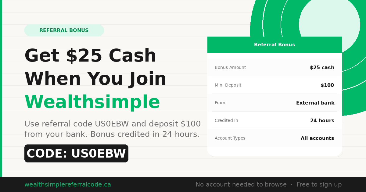 Wealthsimple referral code US0EBW info card showing $25 cash bonus, $100 minimum deposit, and 24-hour credit time